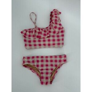 Crewcuts Girls One Shoulder Ruffle Bikini Set | Pink Gingham | Size 4/5